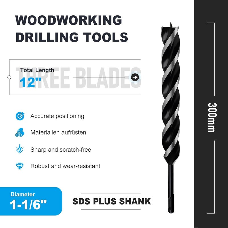 WOBLLMX 1-1/6" x 12" Auger Drill Bit with SDS Plus Shank for Wood,Tri Flute Ship Auger Long Drill Bit for Soft and Hard Wood,Tree Stump,Plastic,Drywall and Composite Materials - Image 2